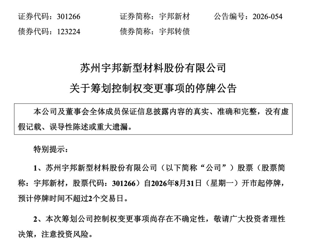 301266，筹划控制权变更！下周一停牌